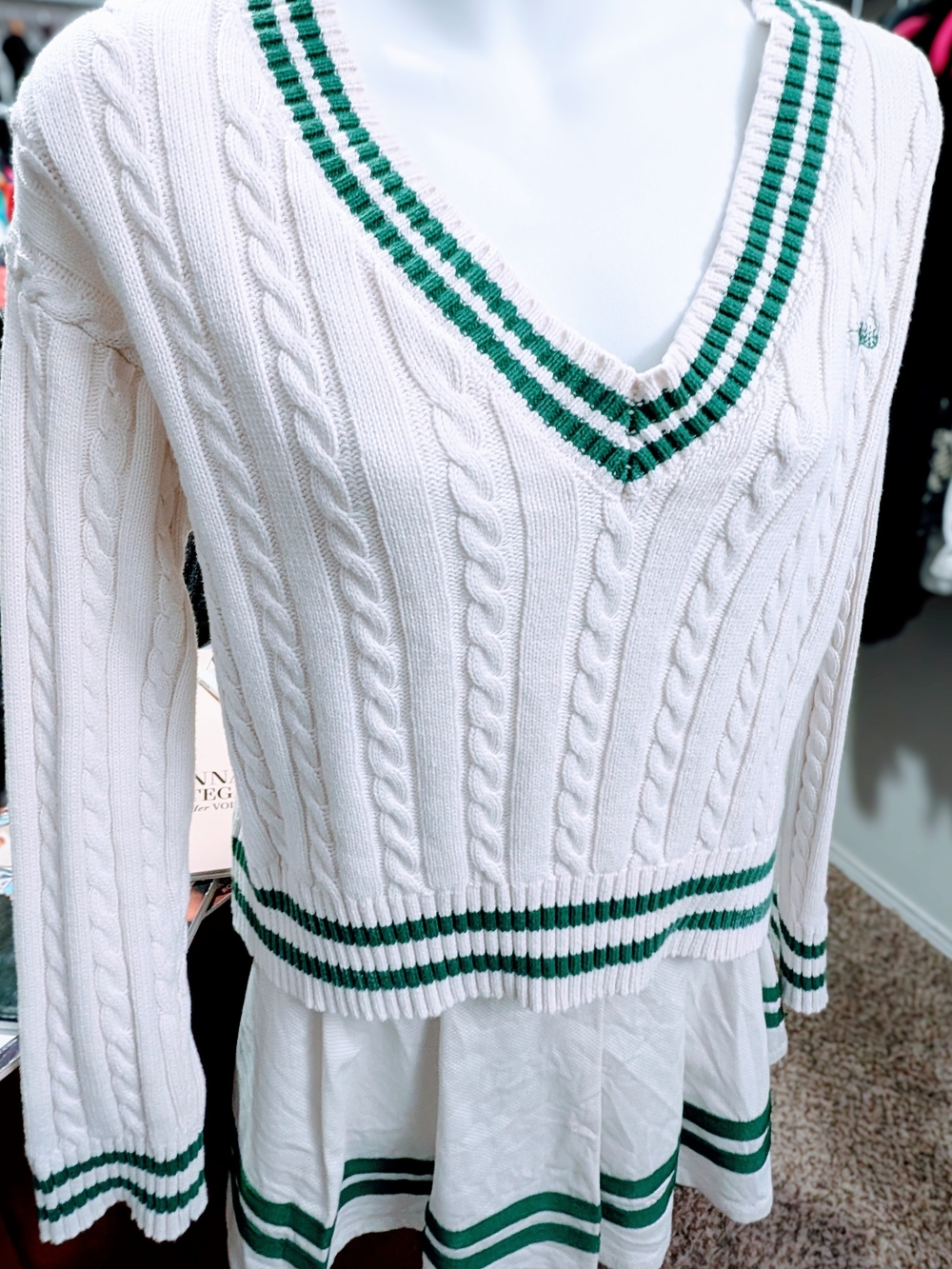 Prince Cream Cable-Knit V-Neck Sweater with Green Stripe Trim
